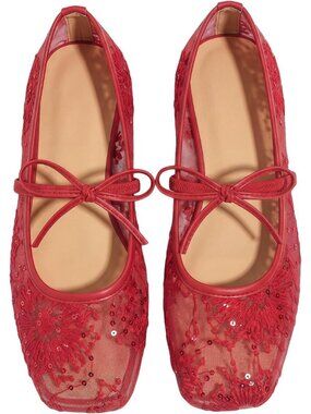 Women's Solid Red Polka Dots Mesh Ballet Flats Cute Lace Ballerina Casual Shoes